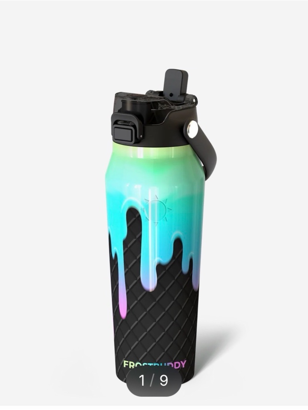 FrostBuddy 16 oz glow in the dark cosmic drip Water Bottle NEW with tags black